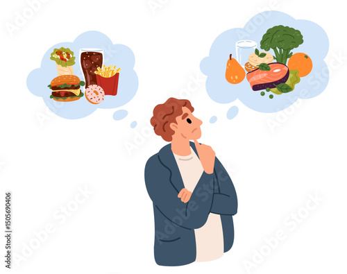 Man makes choice between healthy and unhealthy foods. Pensive guy choosing nutrition. Diet snack comparison. Thoughtful person thinking about fastfood or vegetables. Vector concept