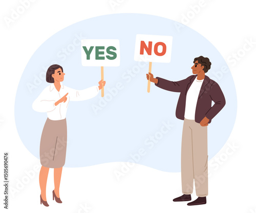 Man and woman holding placards with words Yes and No. Opposition of sexes. Approve or reject. Genders misunderstanding. Couple disagreement. People with opposite decisions. Vector concept