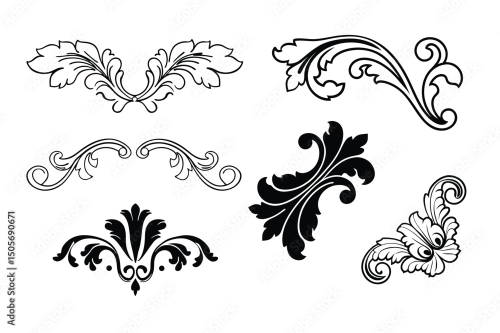 Fototapeta premium Baroque Calligraphy Ornament Vector Set – Elegant White Background Design.