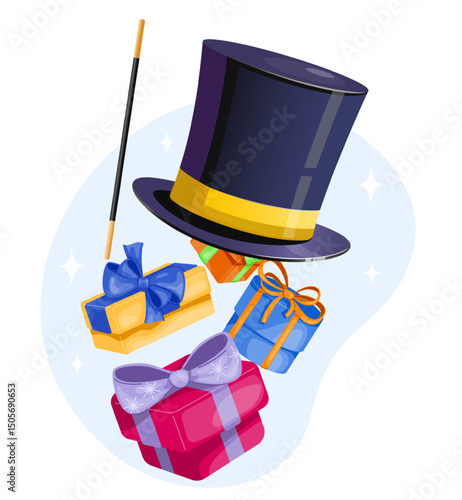 Illusionist or magician hat from which gifts fall out. Cylinder cap with magical wand. Circus performance. Conjuror tricks. Presents in wizard headwear. Holiday surprise. Vector concept