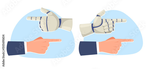 Human and robot arms pointing in same or different directions. Pointing forefingers. Opposite way choose. AI with people confrontation or cooperation. Fingers aiming. Vector concept