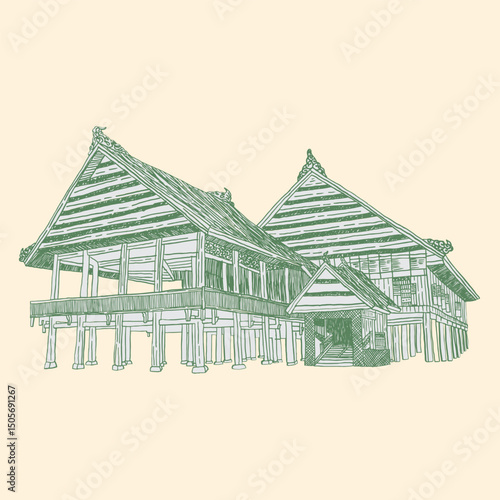 indonesian house traditional line art illustration