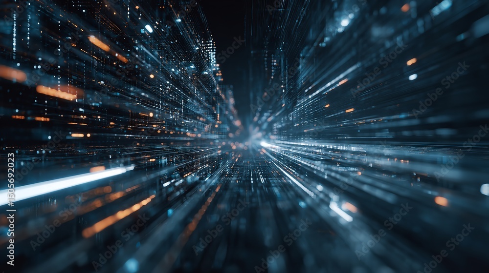 Naklejka premium 3D rendering of a futuristic, cyberpunk dark blue and orange glowing city with a holographic circuit board background. A dark scene with light effects