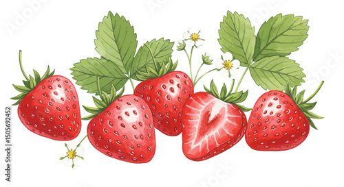 Watercolor Illustration Of Fresh Strawberries With Leaves And Blossoms On A White Background