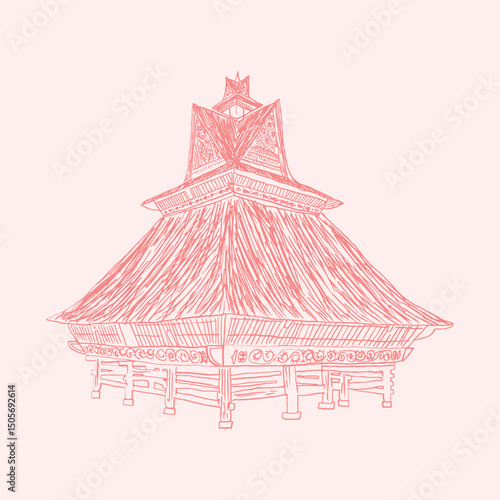 indonesian batak house traditional line art illustration