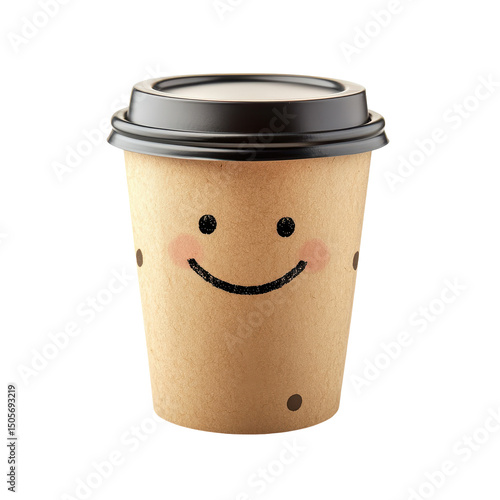 Happy paper take away coffee cup with lid, Cute paper coffee cup character with smiling face, hands and legs. Funny, happy cartoon mascot, isolated on transparent background