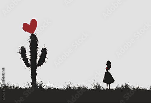 Silhouette of a girl and a cactus, a heart symbolizing love against a minimalist background.