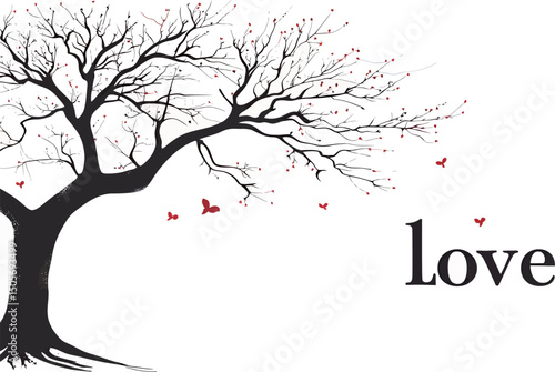 A black silhouette tree adorned with red hearts, symbolizing love and connection.