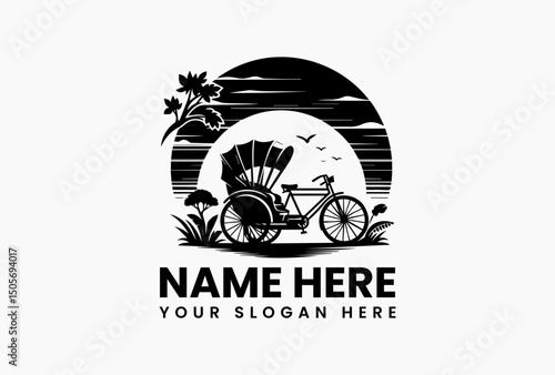 Vintage black and white vector logo illustration of a traditional cycle rickshaw from Southeast Asia on a white background. Transportation concept