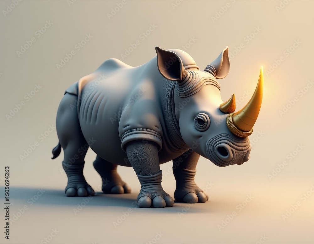 Fototapeta premium Majestic Rhino with Golden Horn 3D Render of Powerful Animal