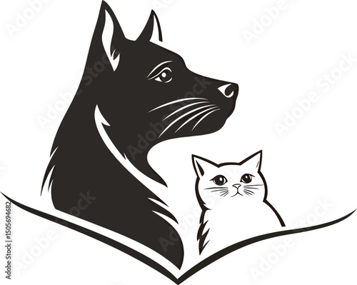 Stylized silhouette of a dog and a cat in a friendly pose.