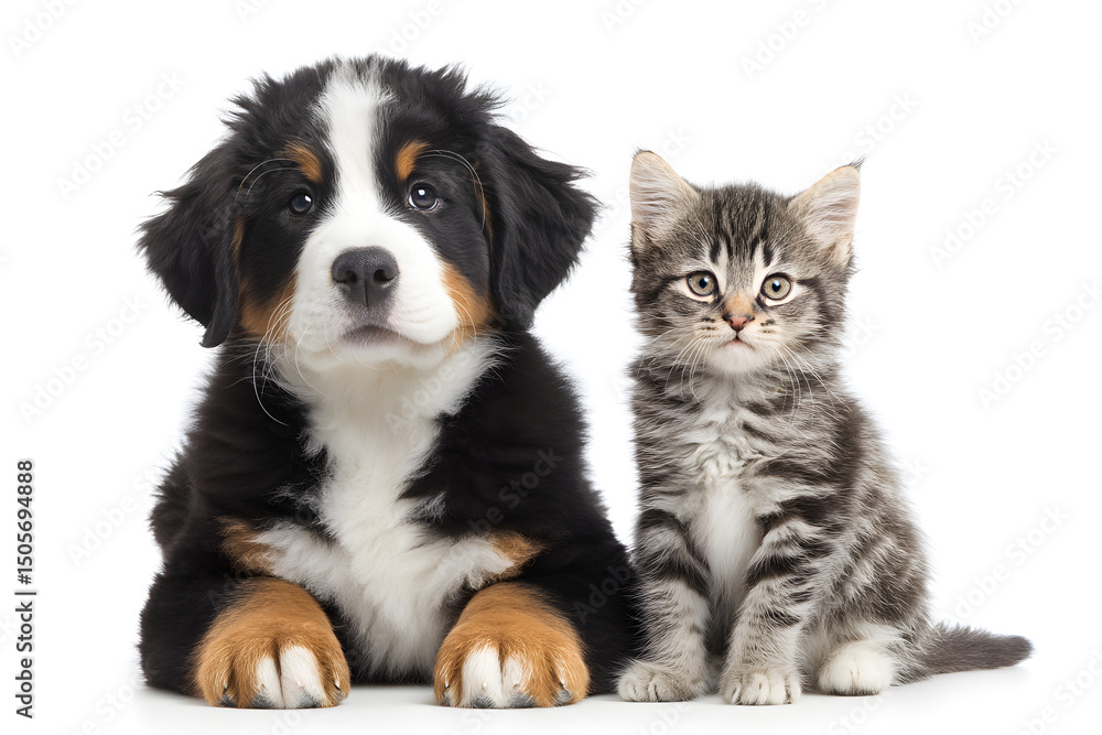 A charming puppy and kitten sit side by side, conveying friendship and warmth in a light-filled setting A charming puppy and kitten sit side by side, conveying friendship and warmth in a light-filled setting