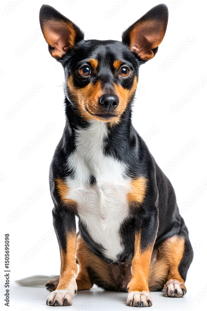 A small black and tan dog sits attentively in a bright studio, highlighting its shiny coat and alertness A small black and tan dog sits attentively in a bright studio, highlighting its shiny coat and alertness