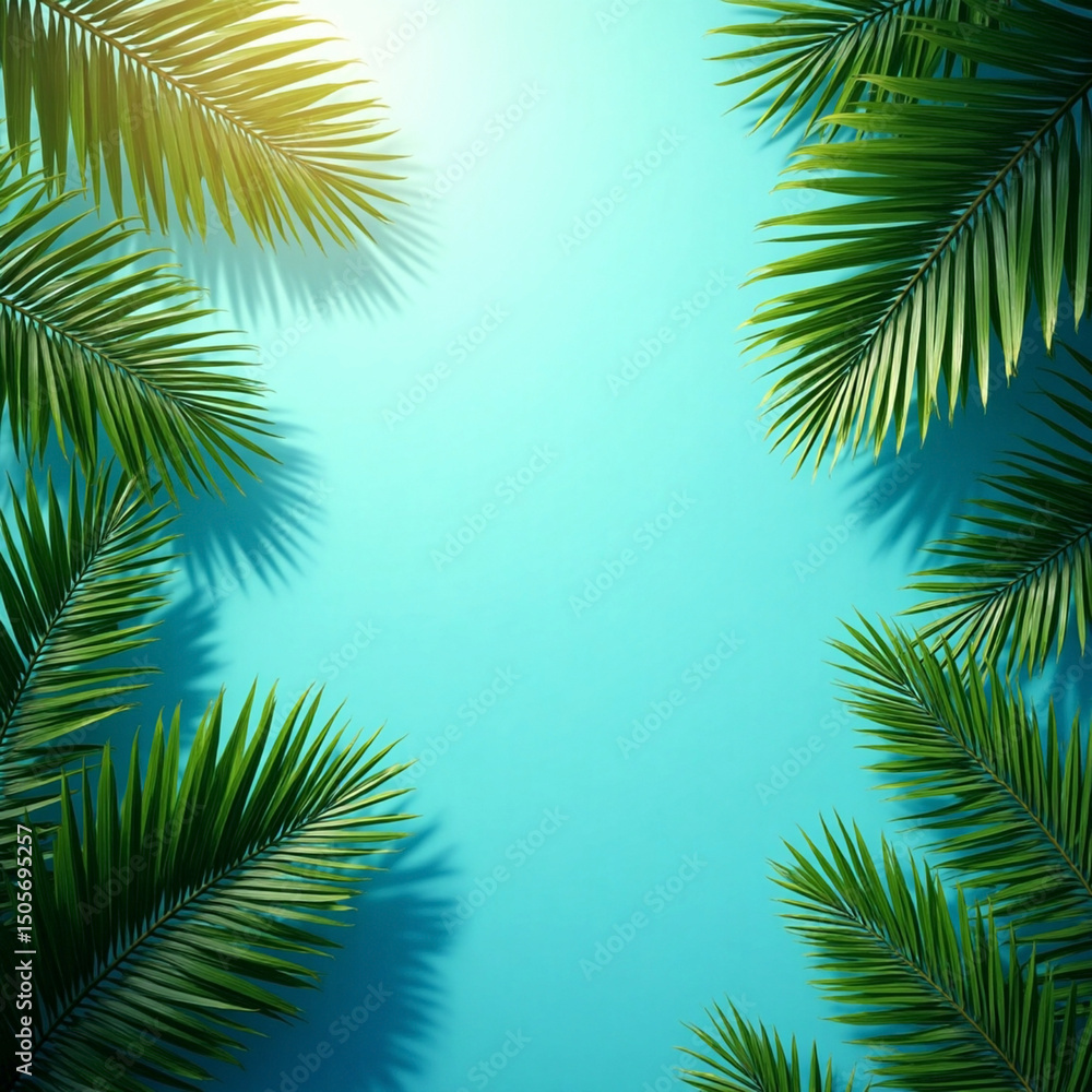 Naklejka premium Tropical palm leaves frame on light blue background. Minimal nature. Summer Styled. Flat lay.