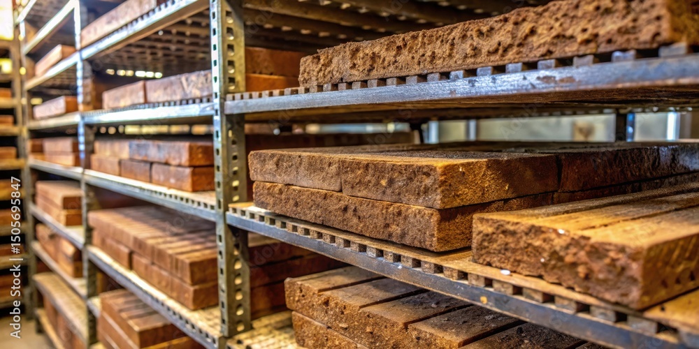 Fototapeta premium Rows of stacked brick, dusty and aged, waiting to be used for another construction project.