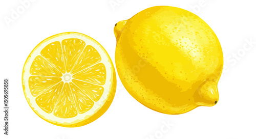 Bright Yellow Lemons One Whole And One Halved Rendered In A Watercolor Vector Illustration Style