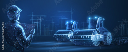 AI engineer and road rollers on the city construction background. Building site, construction machine