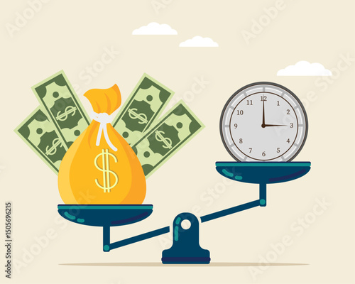 Vector money and watches are on scales. The concept of weighing time and money to find a balance in life.