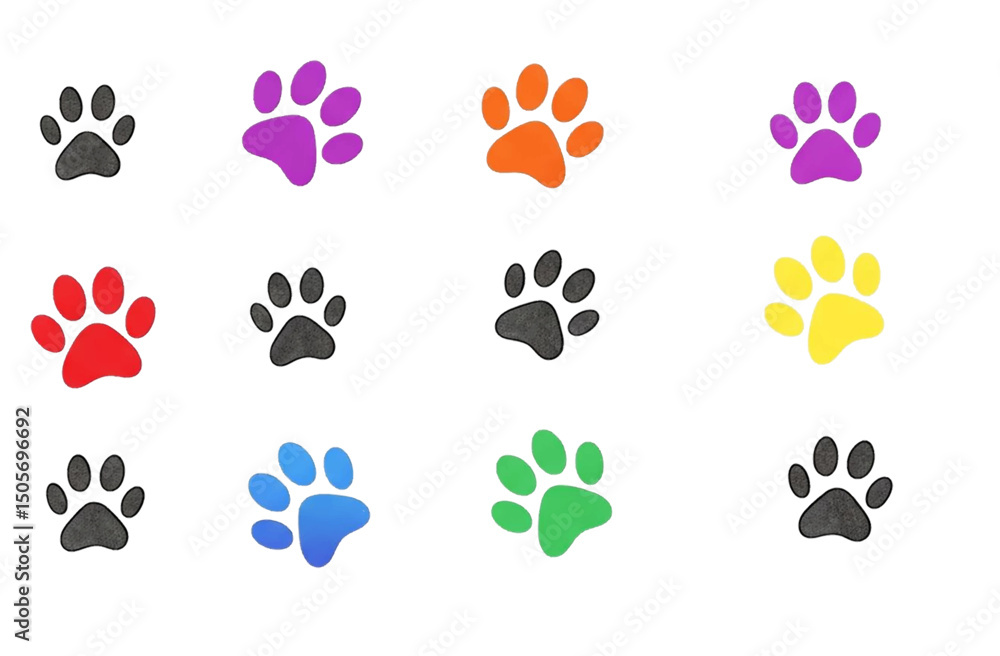 Fototapeta premium Beautiful and vibrant colorful animal paw prints on a clean white background