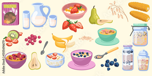 Morning meal. Healthy breakfast. Oatmeal cereal box. Flat icon. Oat granola. Rice porridge bowl with fruit or berry. Grain flour. Milk glass. Cornflakes bag. Strawberry pieces. Vector cartoon food set