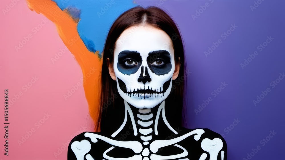 A woman with a skeleton face artfully painted on her body, showcasing intricate details and vibrant colors. A woman with a skeleton face artfully painted on her body, showcasing intricate details and vibrant colors.