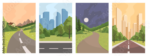 Urban lifestyle poster. City street. Summer landscape. Sky horizon. Asphalt road. Building cityscape. Travel holiday. Forest meadow. Town or architecture. Rural house. Vector nature illustrations set