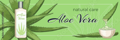 Aloe vera. Nature sketch. Health spa banner. Beauty juice drops from healthy leaf plant. Natural cosmetic poster. Organic cosmetology. Moisturizing cream. Skin care lotion. Vector drawing background