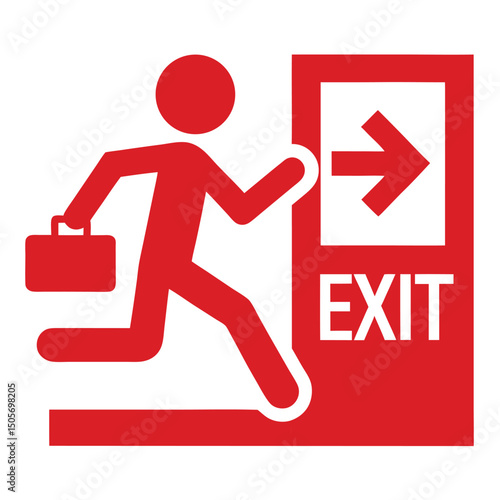 Silhouette of a person with a briefcase running toward an EXIT door. Bold text and arrow convey urgency. Ideal for alerts, warning signs, emergency signage, safety posters, or editorial use.