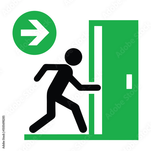 Silhouette of a person running toward an EXIT door. Bold text and arrow convey urgency. Ideal for alerts, warning signs, emergency signage, safety posters, or editorial use.