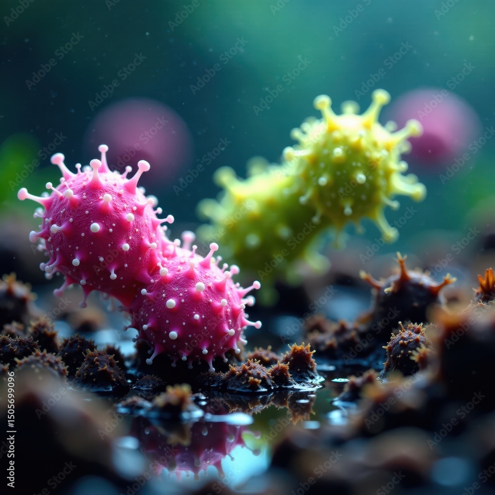 Close-up of bacterial cells feeding on decaying organic matter, organic, matter Close-up of bacterial cells feeding on decaying organic matter, organic, matter