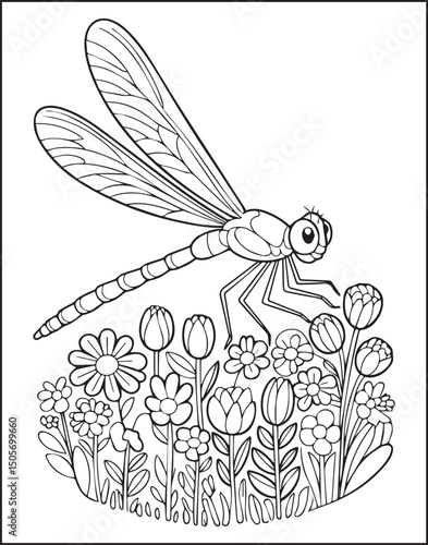 Cute cartoon dragonfly on flower vector line art illustration coloring book for children