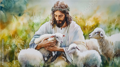 Vector illustration of  Jesus Christ with sheep, watercolor  painting.