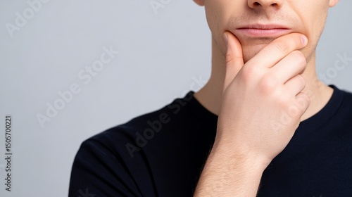 A young man pondering deep thoughts while touching his chin looks thoughtful and engaged. This close-up captures a moment of reflection and consideration in a minimalist style. AI