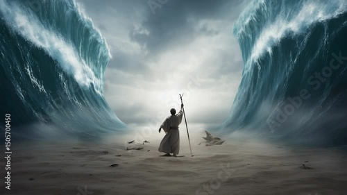 Moses parts the Red Sea, towering waves on either side, wreckage on the sand.