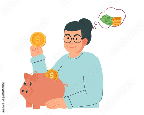 old women hand putting money coins into a piggy bank for pension fund money financial security, investment planning