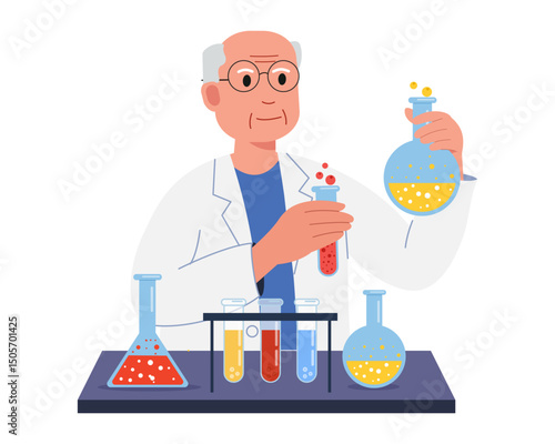 an old scientist performing chemical experiments in laboratory vector illustration