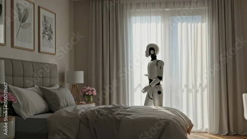 Humanoid robot gently opening curtains in a softly lit bedroom filled with morning light. Smart home integration, daily routines, AI in domestic life, emotional robotics