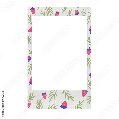 Photo frame Polaroid Mini with strawberries and leaves pattern watercolor illustration 