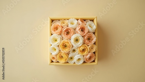  Elegant Pastel Ranunculus Flowers in a Square Box, Top View