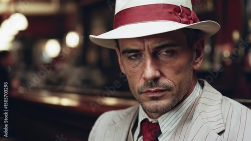 A serious man in a cream-colored pinstripe suit and a fedora with a red band looks directly at the camera, exuding a classic, sophisticated, and somewhat intense demeanor in a vintage-style setting.

