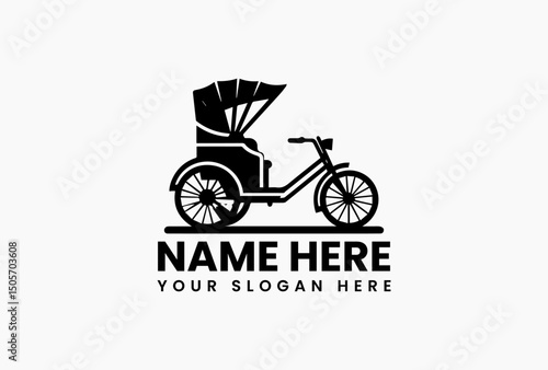 Vintage black and white vector logo illustration of a traditional cycle rickshaw from Southeast Asia on a white background. Transportation concept