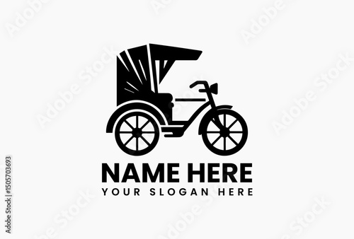 Vintage black and white vector logo illustration of a traditional cycle rickshaw from Southeast Asia on a white background. Transportation concept