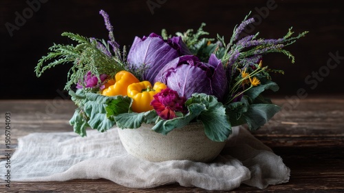 A stunning centerpiece of cabbage, bell peppers, and wildflowers on sustainable linen