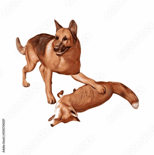 Germanicus canis contra vulpem in pugna silvestri. Ars vectorialis ostendit naturae certamen cum motu et realismo.