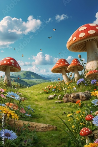 Fantasy Landscape with Giant Red Mushrooms