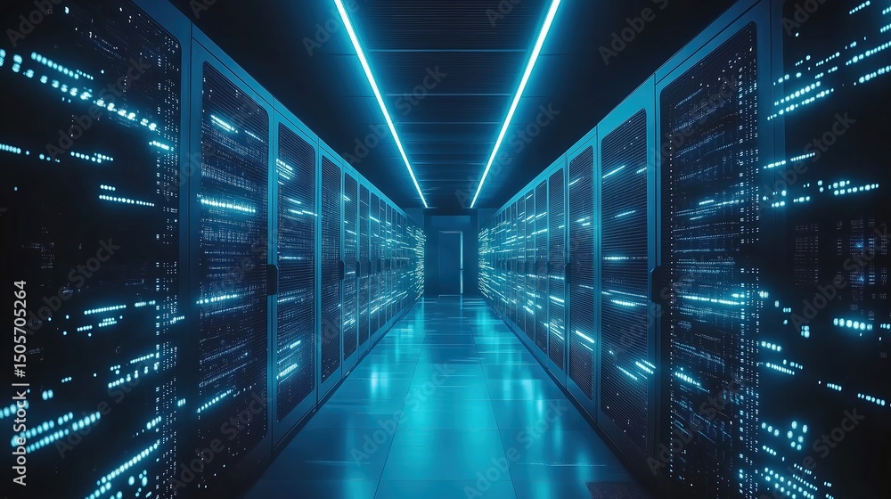 Glowing server racks in a modern data center, showcasing advanced technology and digital infrastructure. Glowing server racks in a modern data center, showcasing advanced technology and digital infrastructure.