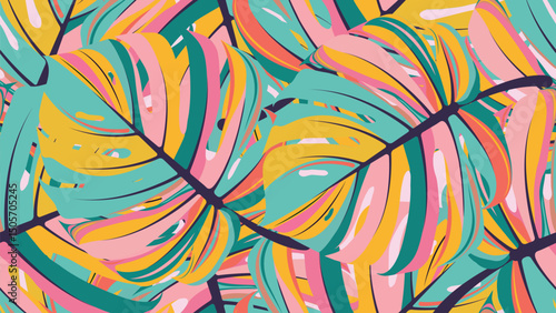 A colorful pattern featuring stylized tropical leaves, predominantly resembling Monstera deliciosa. The leaves are rendered in a modern, abstract style with overlapping layers of teal