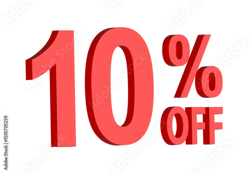 10 percent off discount text graphic in bold red 3D letters, for promotional sale banner icon, coupons, and special offers, marketing design element, boosting savings and shopping deals	