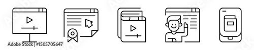 Conjunto de iconos de cursos online. Formación, acceso, certificación. Videoclase en línea, diploma digital, biblioteca interactiva, tutor virtual, aprendizaje móvil. Ilustración vectorial