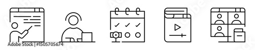 Conjunto de iconos de clases virtuales. Educación, enseñanza, conexión. Docente en línea, estudiante con auriculares, calendario académico, libro digital, aula interactiva. Ilustración vectorial